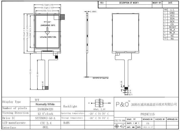 Polcd RoHS 2,4 ιντσών LCD Tft Οθόνη ST7789V3 TFT LCD Μονάδα 4 Wire SPI