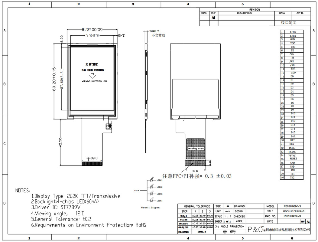 Polcd Υψηλής ανάλυσης 480x640 TFT μονάδα LCD 2,8 ιντσών με διεπαφή SPI RGB CTP