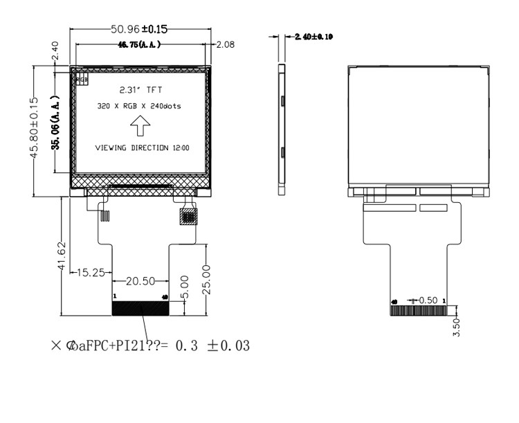 Polcd Μαύρο 320*240 RGB TFT οθόνη 18 Bit υψηλή φωτεινότητα 2,31 ιντσών LCD πάνελ