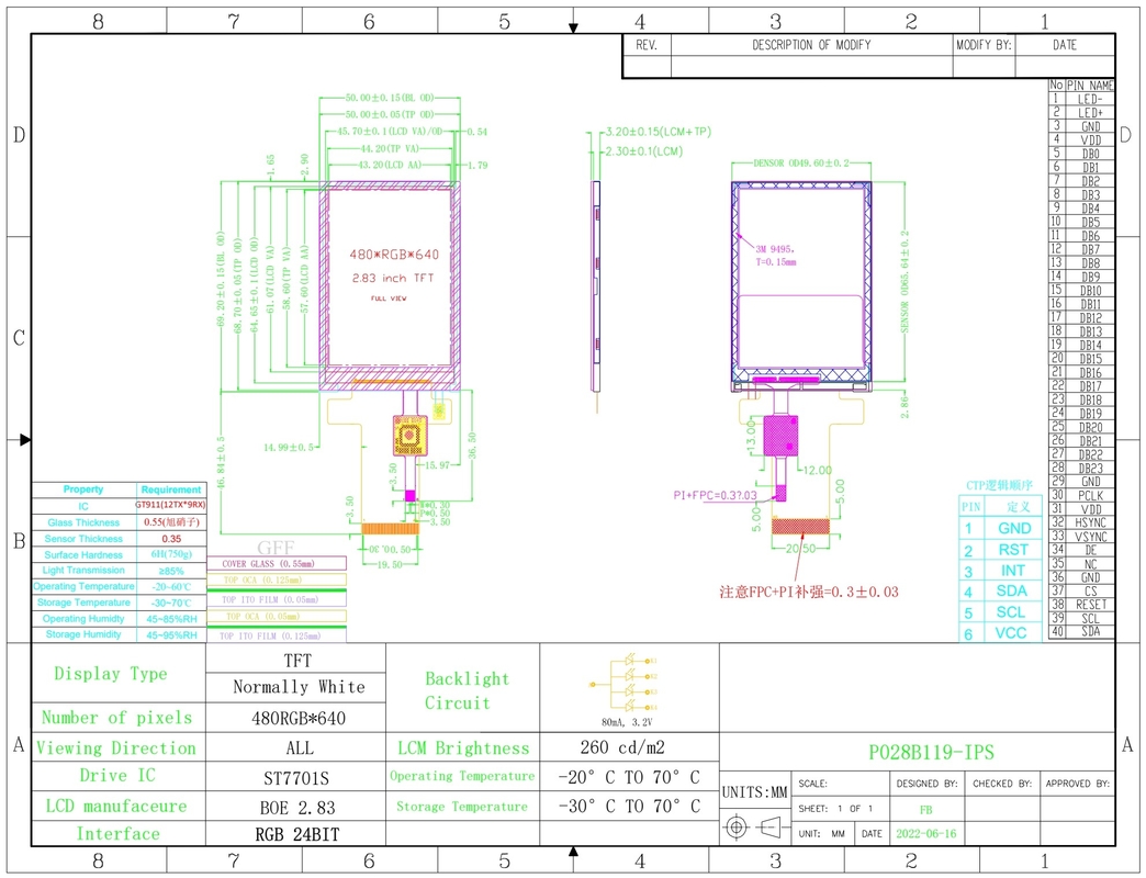 Polcd Tft RGB 2.8 ιντσών Βιομηχανικός ελεγκτής Πίνακας εμφάνισης χρώματος Ηλιακή οθόνη αφής χωρητικότητας IPS Lcd μονάδα