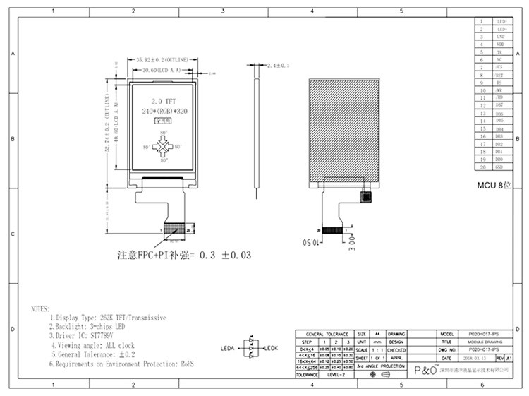 Polcd 262K 2,4Mm Οθόνη LCD 2 ιντσών ST7789V IPS TFT LCD Οθόνη 240X320