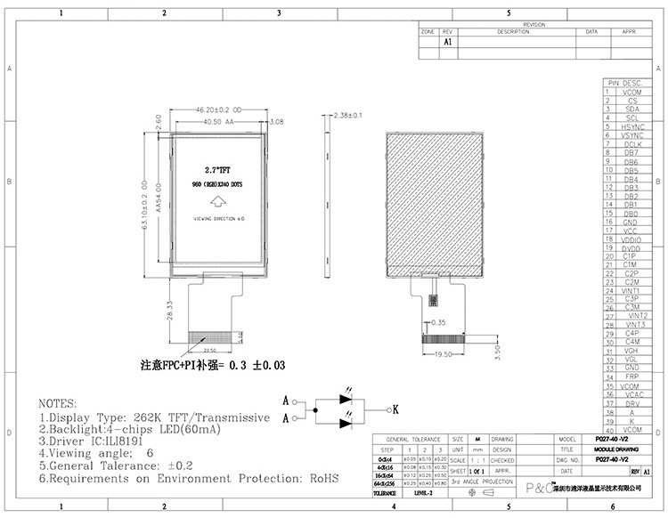Polcd ILI8961 2,7 Tft LCD 960X240 TFT LCD Οθόνη RGB 8 Bit 6 0'CLOCK