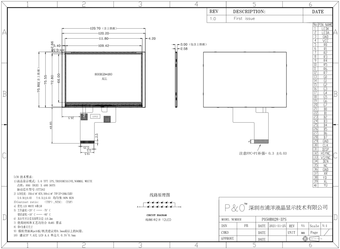 Polcd 800x480 5 ιντσών τετραγωνική οθόνη LCD IPS οπτική γωνία οθόνη LCD 40pin ST7262 Drive TFT Module