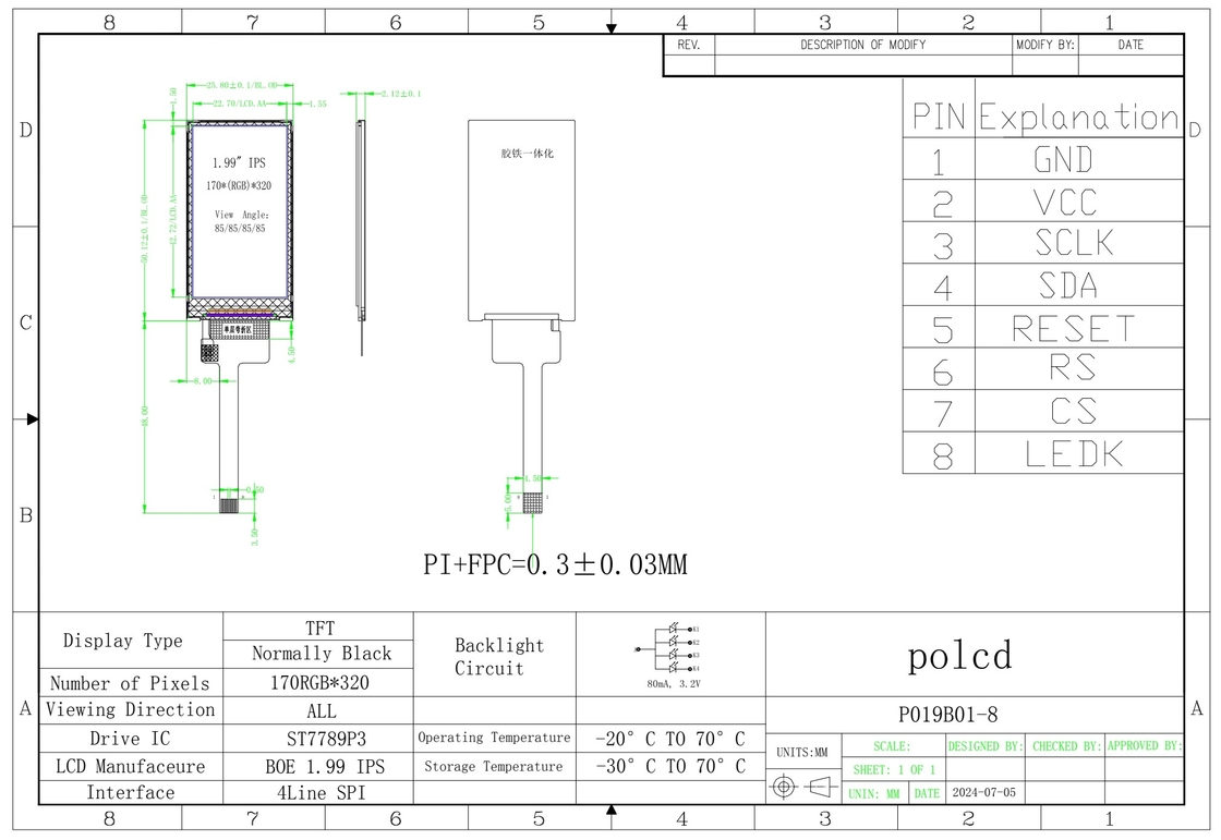 Polcd 1,9 ιντσών 170*320 ST7789P3-G6 SPI Bar TFT LCD Μοντέλο οθόνης 8 πιν IPS κάθετη οθόνη LCM