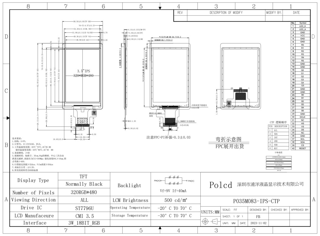 Polcd Προσαρμοσμένη οθόνη LCD 3,5 ιντσών 320x480 40pin IPS γωνία 500nit ST7796U χωρητική οθόνη αφής