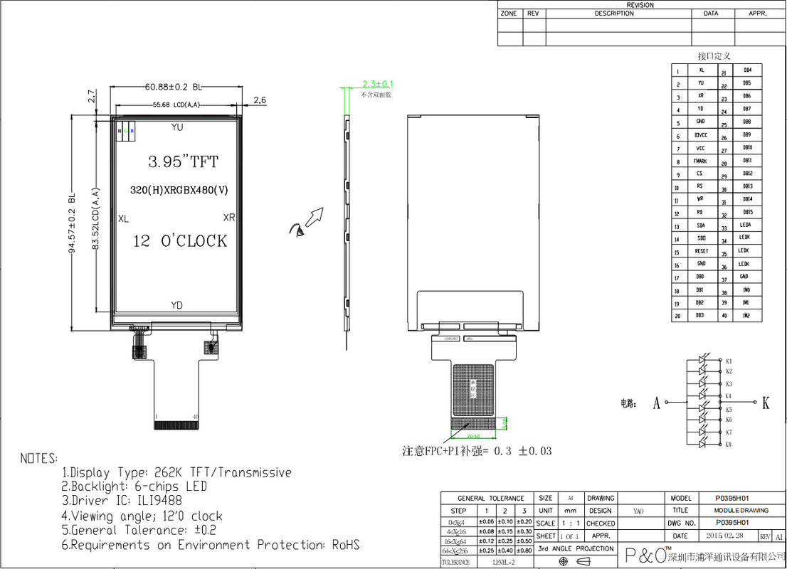 Polcd Custom 3,95 ιντσών 320x480 Ips Tft Lcd RGB διεπαφή Μονάδα οθόνης υγρών κρυστάλλων με αφής