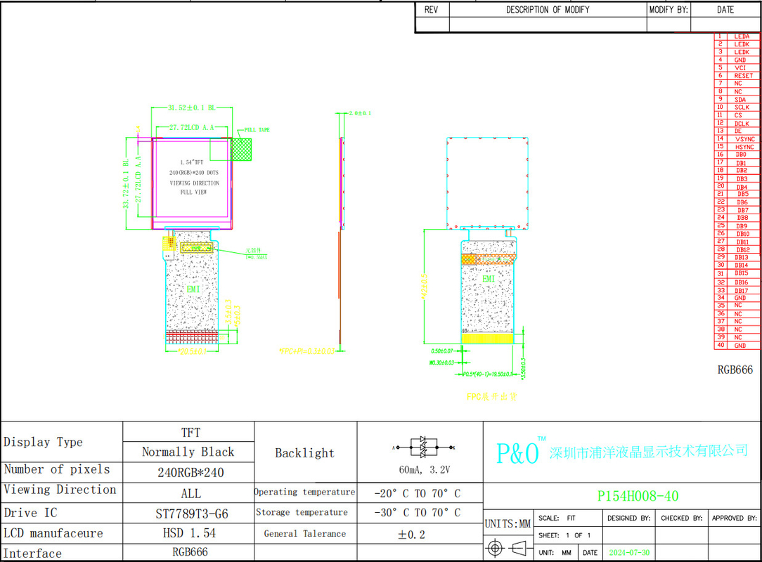 Polcd 1.54 ιντσών IPS TN Micro TFT LCD Module με LED φως 240x240 ST7789T3 Driver IC LCD Display Screen