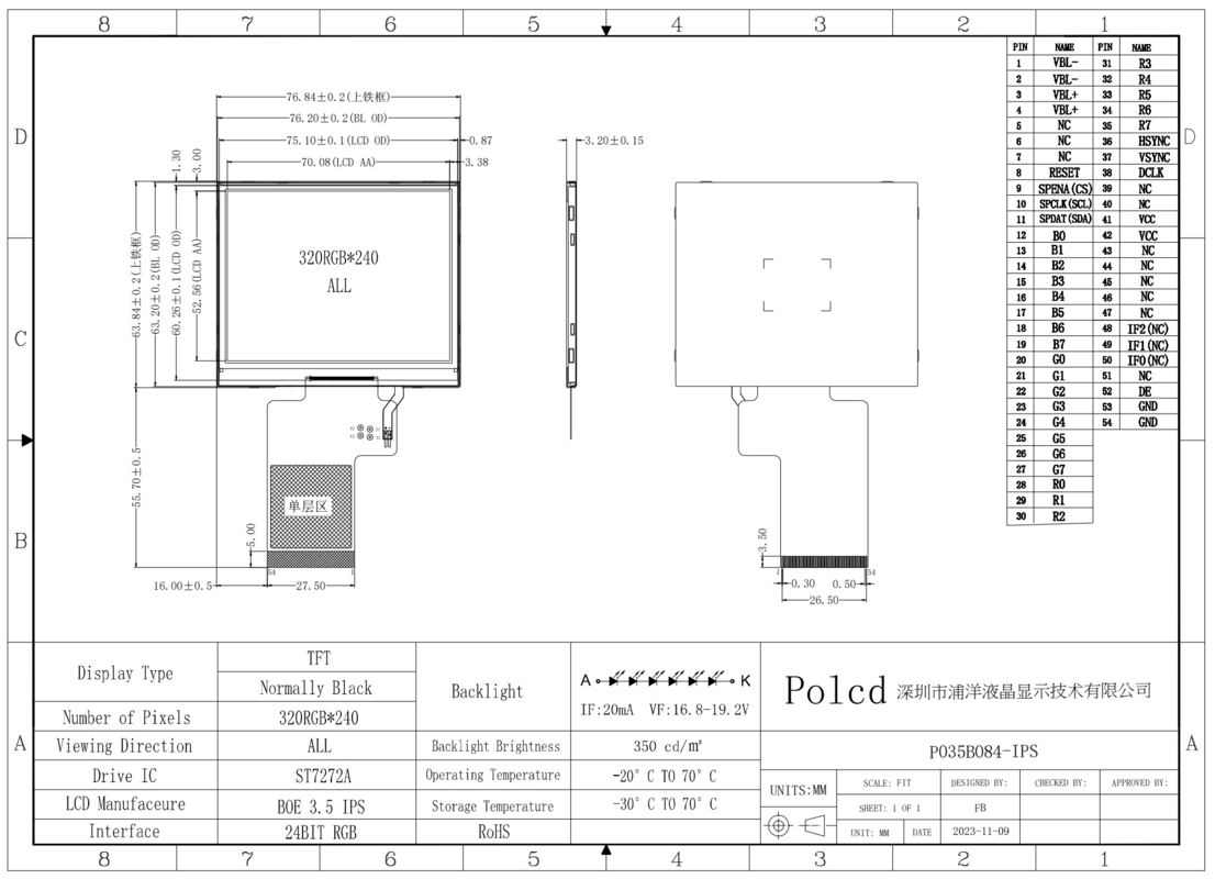 Polcd 3,5 ιντσών 320x240 πλήρης χρώσης TFT οθόνη ST7272A δίσκος ic IPS οπτική γωνία 54pin οθόνη LCD