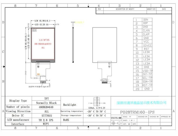 Polcd 2.8 ίντσες 480x640 Ανάλυση IPS γυαλί LCM LCD Μονάδα MIPI Διασύνδεση TFT Display