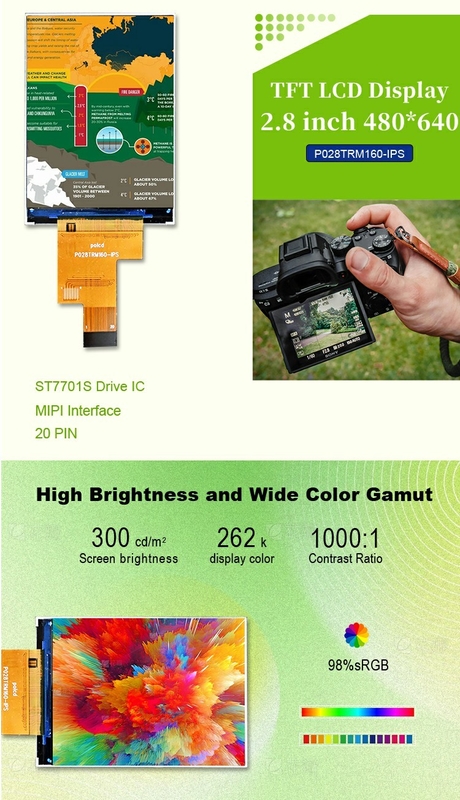 Polcd 2.8 ιντσών IPS LCD οθόνη με MIPI διεπαφή 480x640 Ανάλυση 300nits 2.8 
