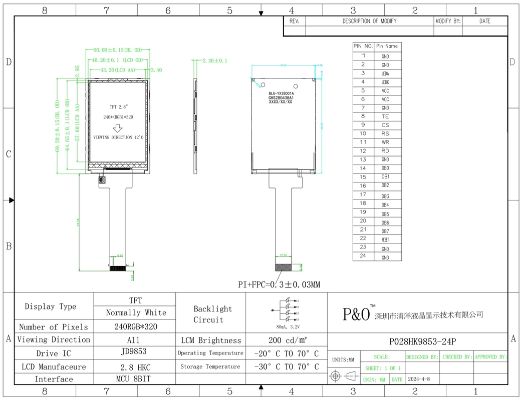 Polcd 2.8 ίντσες 240*320 Ανάλυση 50pin Tft LCD οθόνη Δείκτη 2.8 