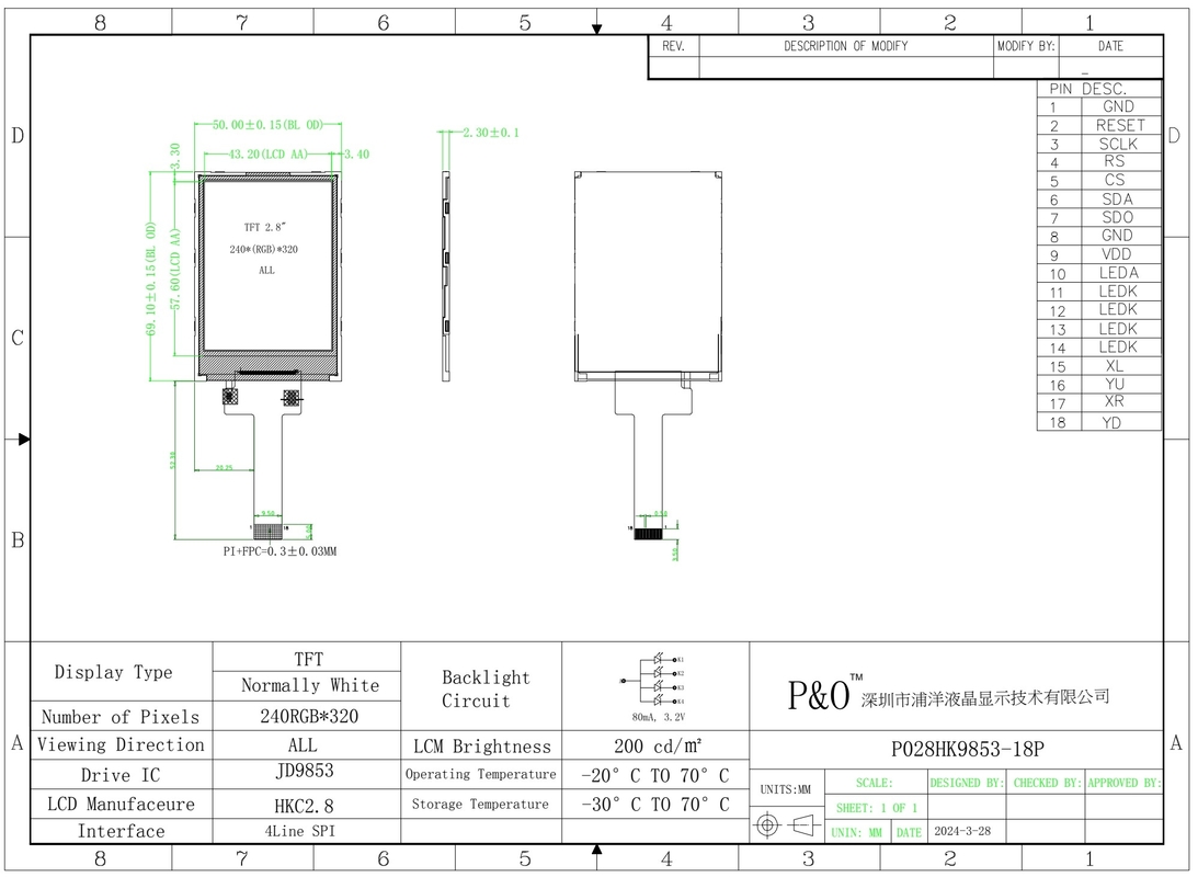 Polcd 2,8 ιντσών 240x320 IPS TFT LCD οθόνη SPI JD9853 IC Όλες οι ελεύθερες γωνία θέασης οθόνη οθόνης