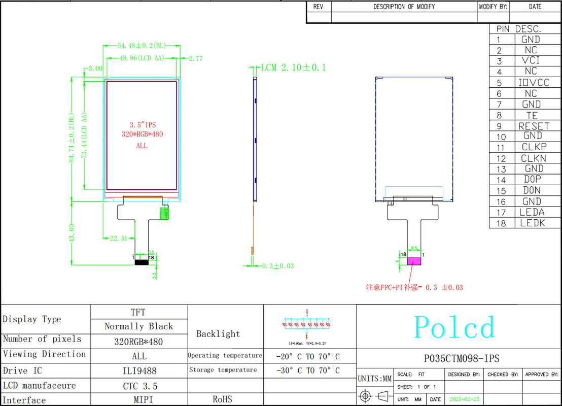 Polcd 3,5 ιντσών IPS TFT LCD 320*480 Ili9488 Drive Ic 600:1 Αντιδιαστολή Μονούλες οθόνης LCD