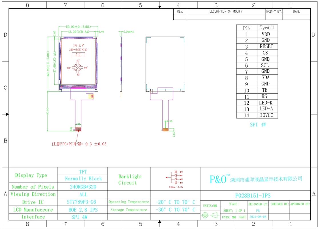 Polcd 2.8 ιντσών matrix 240x320 TFT Display 20 Pin FPC LCM ST7789 Προσαρμόσιμος Κατασκευαστής LCD Module