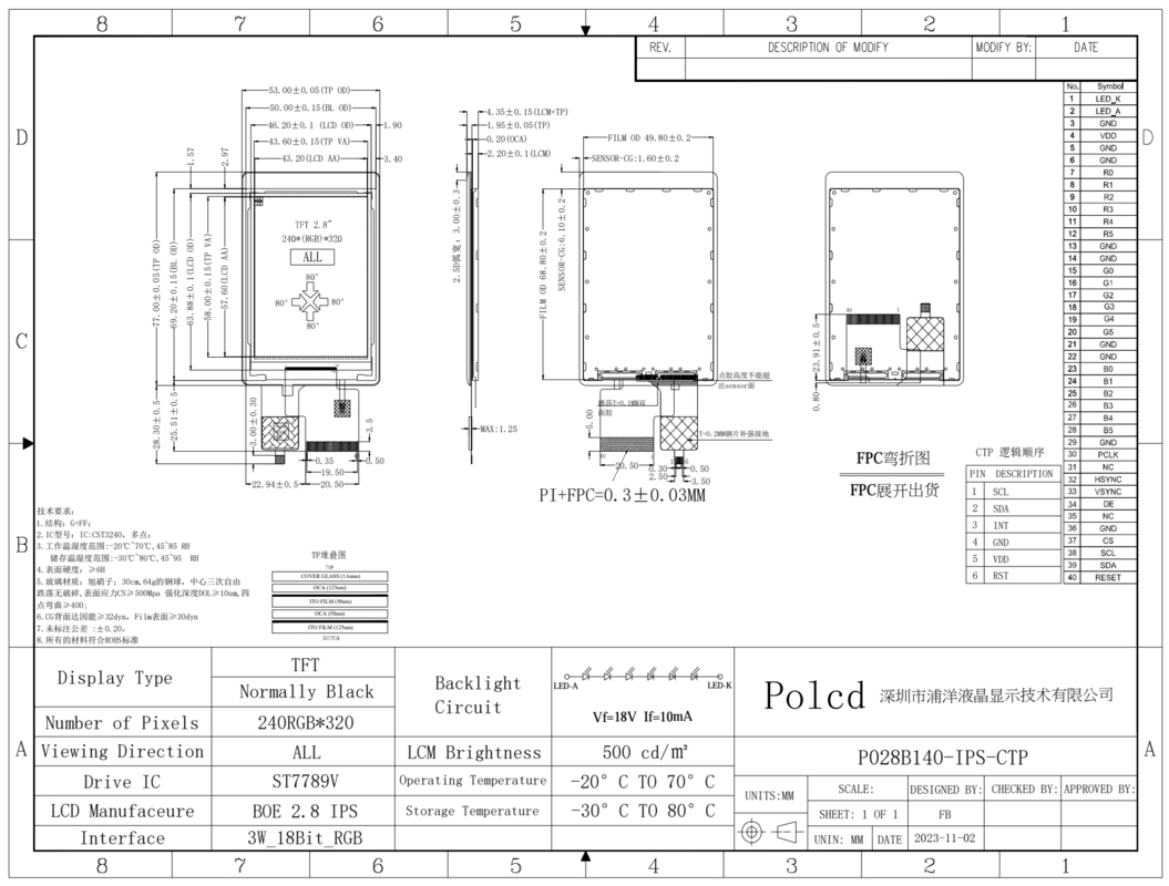 Polcd 2,8 ιντσών Tft Touch LCD Display Module 240*320 RGB Διασύνδεση Χρώμα Αγγίξτε Μικρή οθόνη