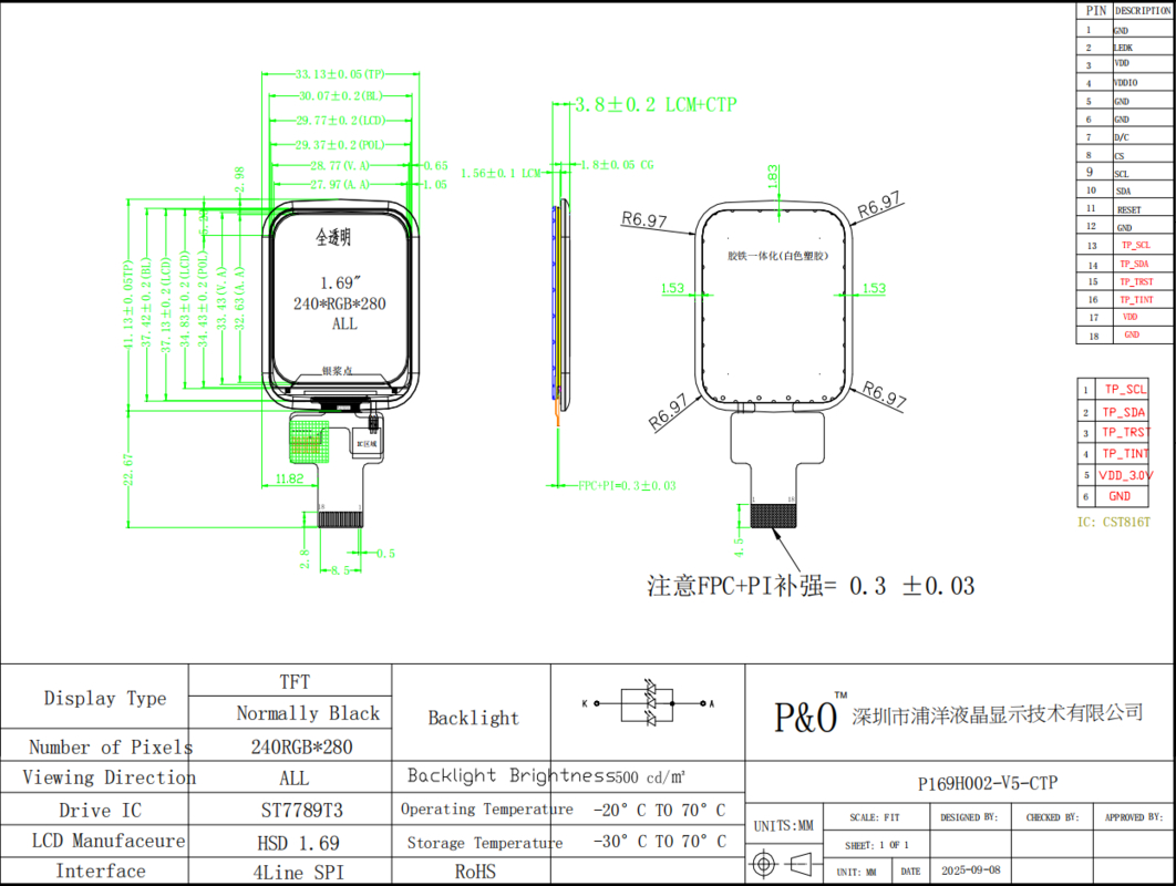 Polcd 1,69 ιντσών 240x240 Ips LCD ST7789V Μικρή οθόνη αφής LCD 4 γραμμών SPI