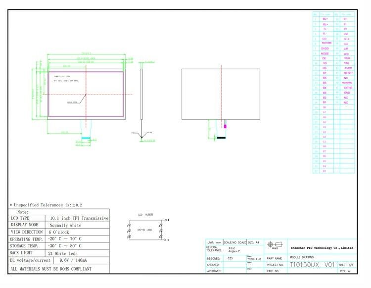 Polcd Resolution 1024X600 Οθόνη LCD 10,1 ιντσών EK79001 Tft Display Module 750 Nit