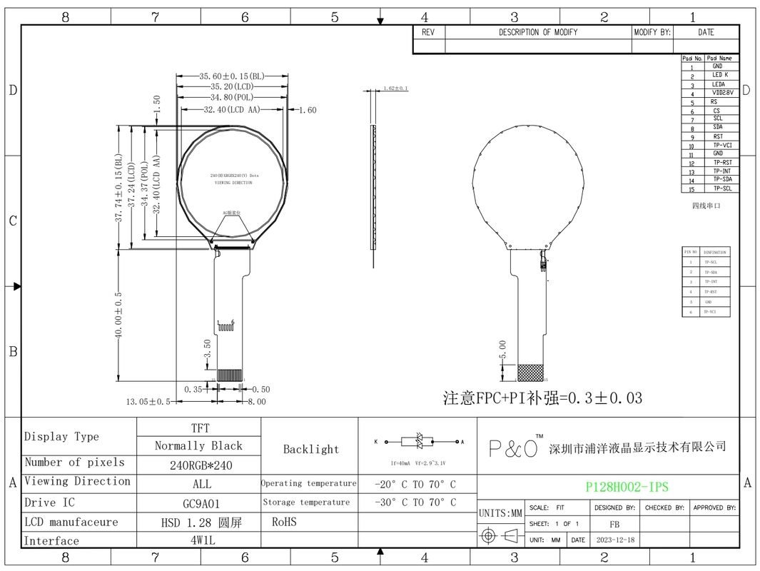 Polcd 1,28 ιντσών IPS κυκλική οθόνη LCD 240xRGBx240 ανάλυση Προσαρμοσμένη μονάδα TFT LCD για έξυπνα ρολόγια