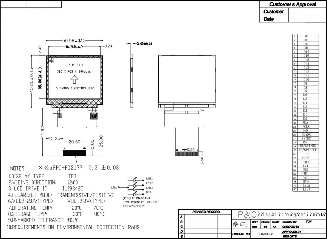 2.31 ιντσών 320x240 LCD οθόνη RGB 18 Bit διεπαφή 35.06mm IPS τετραγωνική οθόνη