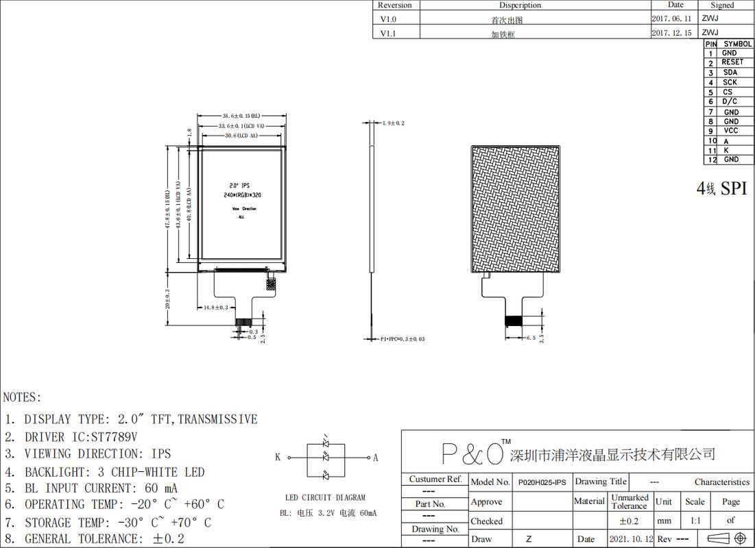 Polcd Προσαρμόσιμη 2 ιντσών 240x320 TFT LCD μονάδα με SPI Interface IPS Πίνακα εμφάνισης χρώματος