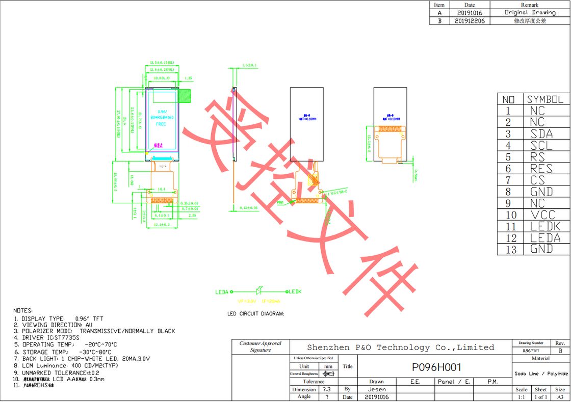 Polcd 0,96 ιντσών LCD προμηθευτής 80 * 160 SPI Διασύνδεση με IPS γωνία προβολής Custom FPC TFT οθόνη