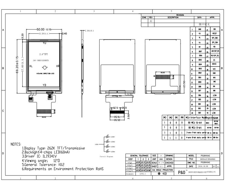 Polcd 2,8 ιντσών LCD οθόνη Πίνακα οθόνης 240*320 MCU SPI διεπαφή ILI9341V TFT LCD Μοντέλο οθόνης