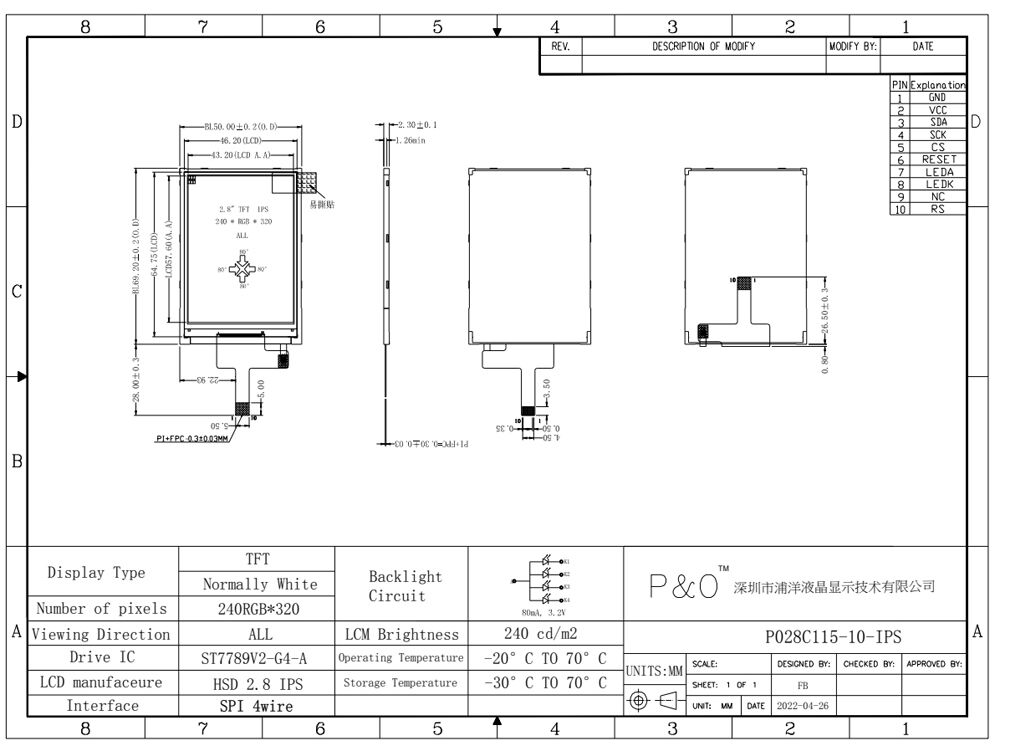 Polcd 2,8 ιντσών οθόνη IPS LCM Module 240x320 SPI Interface ST7789V Οθόνη TFT LCD υψηλής φωτεινότητας