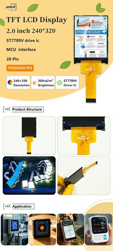 Polcd 2 ιντσών 240*320 IPS οθόνη Μεταδοτική ST7789V 300 νιτ 20 pin MCU διεπαφή TFT LCD μόνου οθόνης