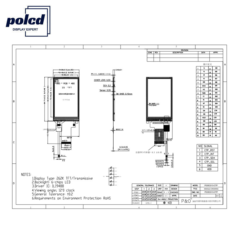 Polcd ST7796S 3,5 Lcd Tft Display Rgb RoHS 18 Bit LCD για ιατρική εφαρμογή